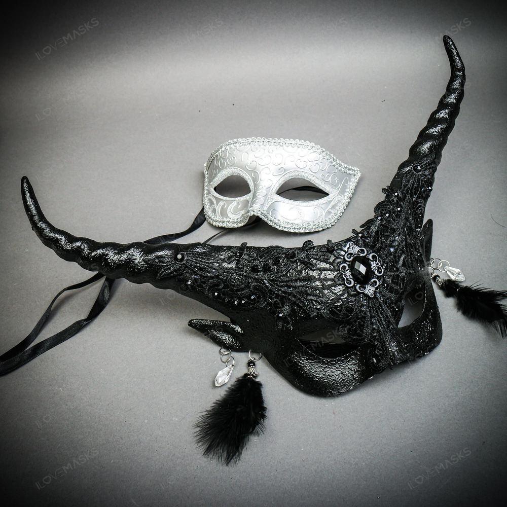 Silver Venetian Classic Eye w/ Long Horns Elegant Devil Eye Black Couple Mask
